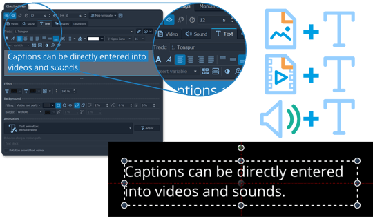 Text display directly in video and sound objects possible