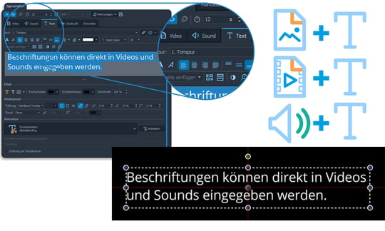 Textanzeige direkt in Video- und Sound-Objekten möglich