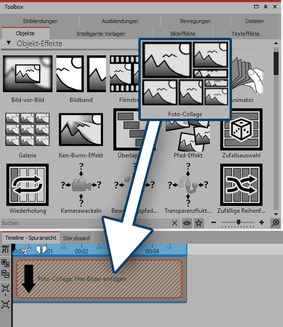 Foto-Collage aus Toolbox in Timeline ziehen