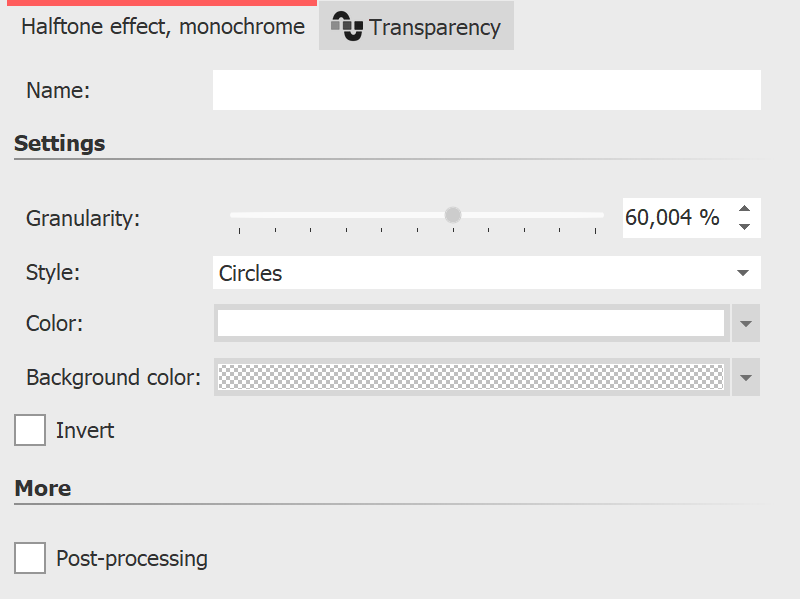 Settings for the halftone effect (colored)