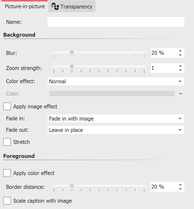 Settings for effect