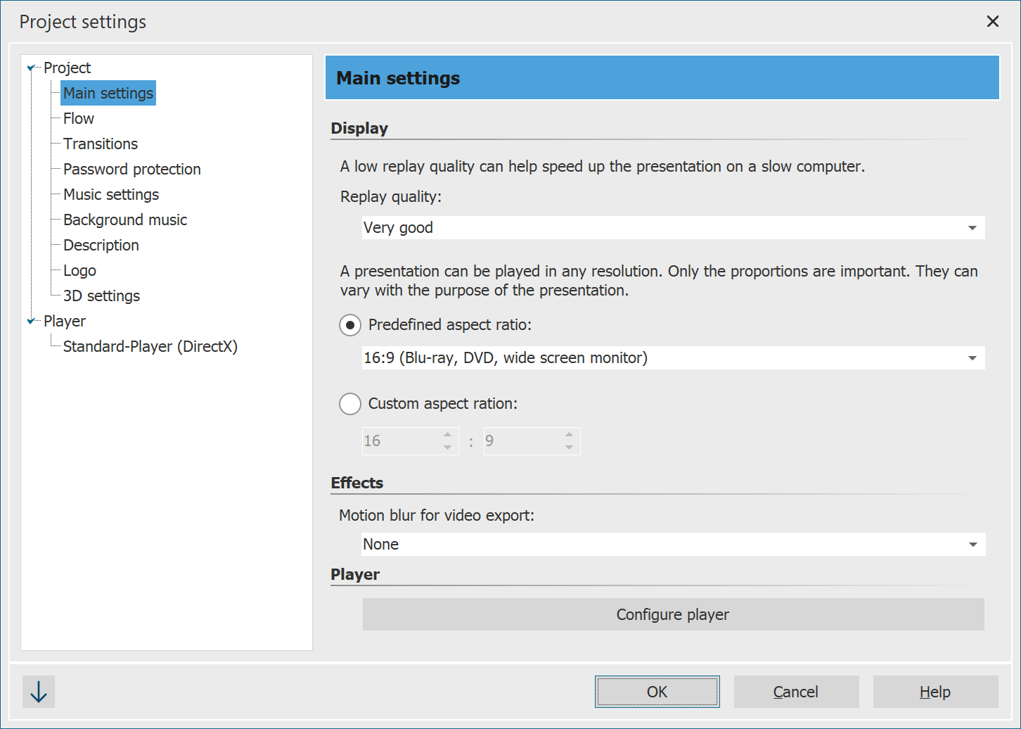 Main settings Stages