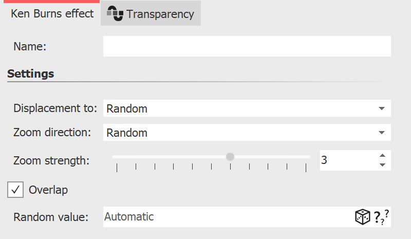 Settings for Ken Burns effect