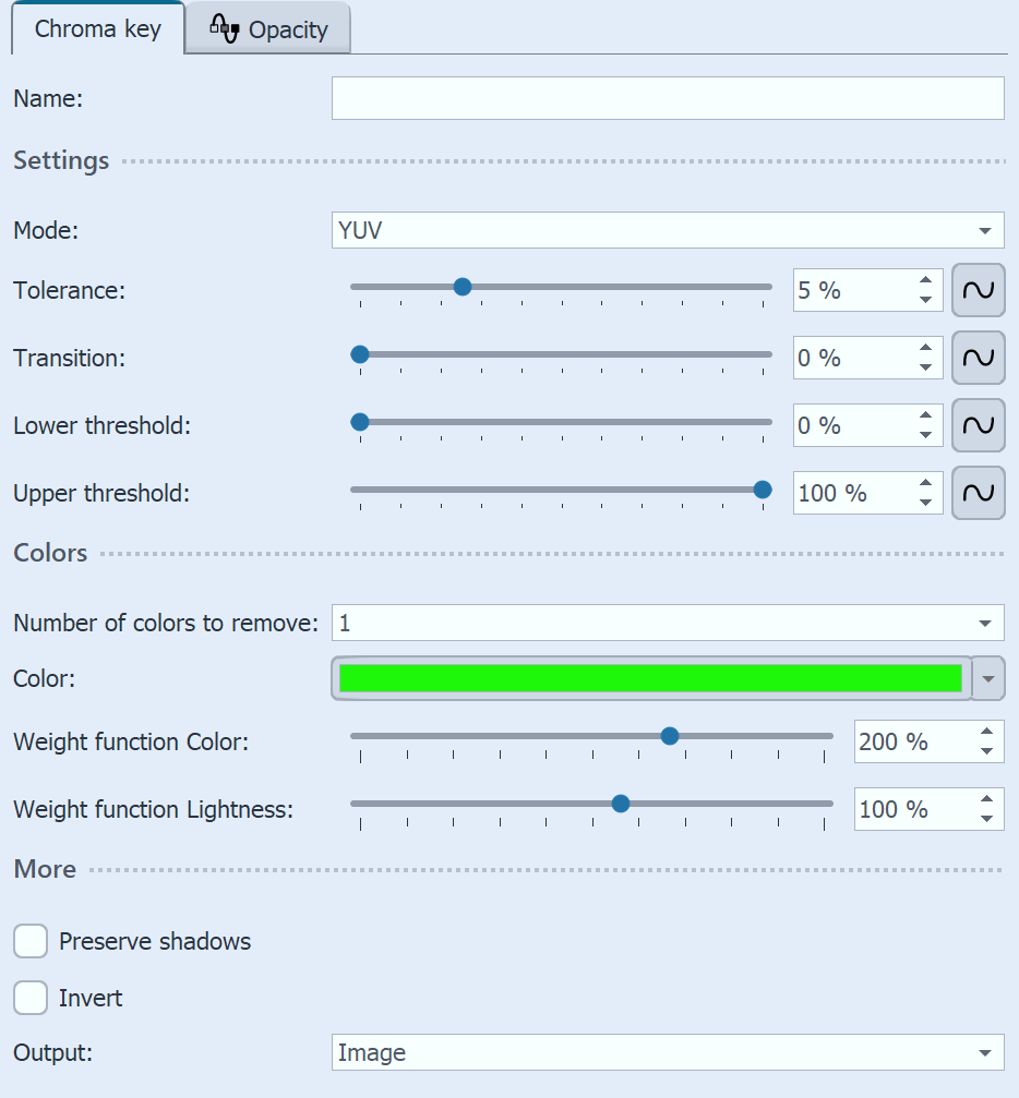 Settings for the Chroma key effect