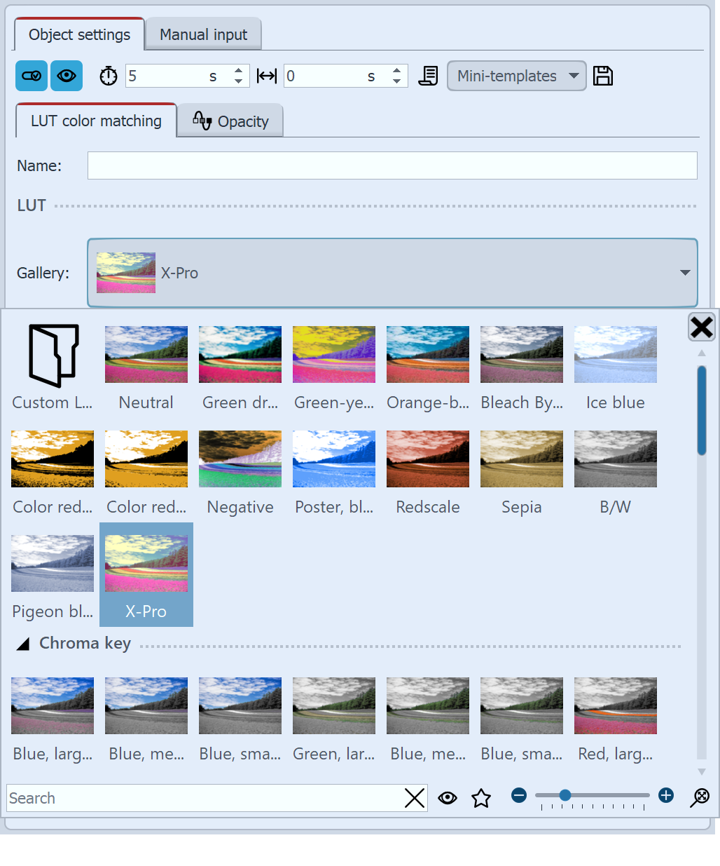 Settings for LUT effect