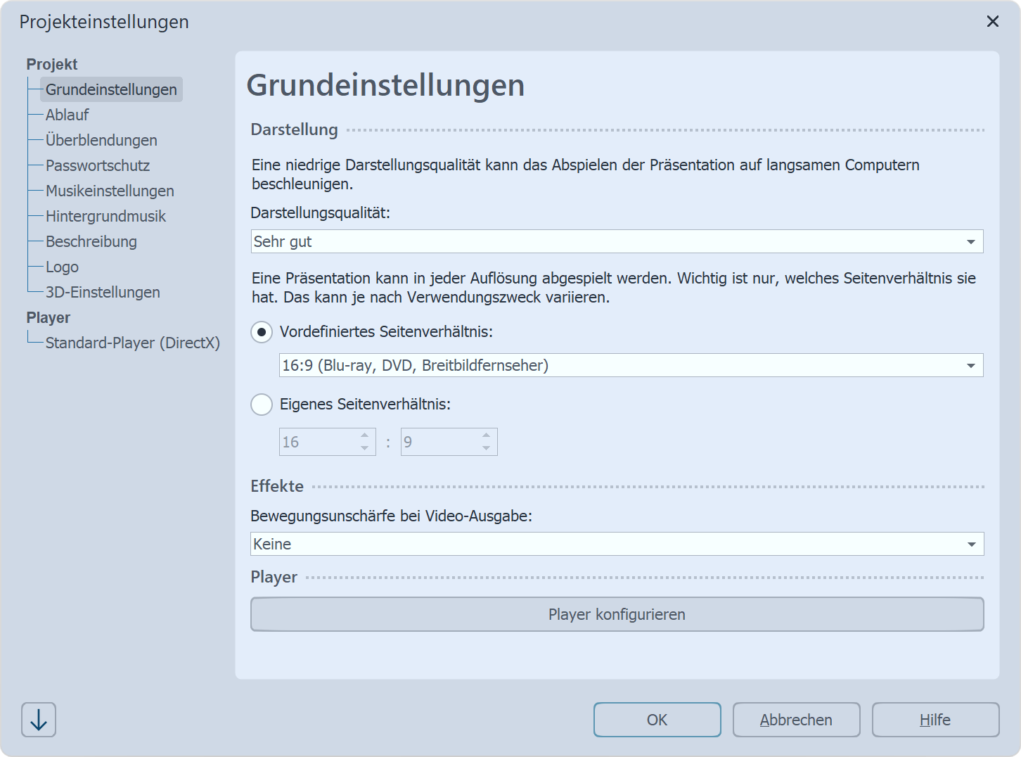 Grundeinstellungen Stages