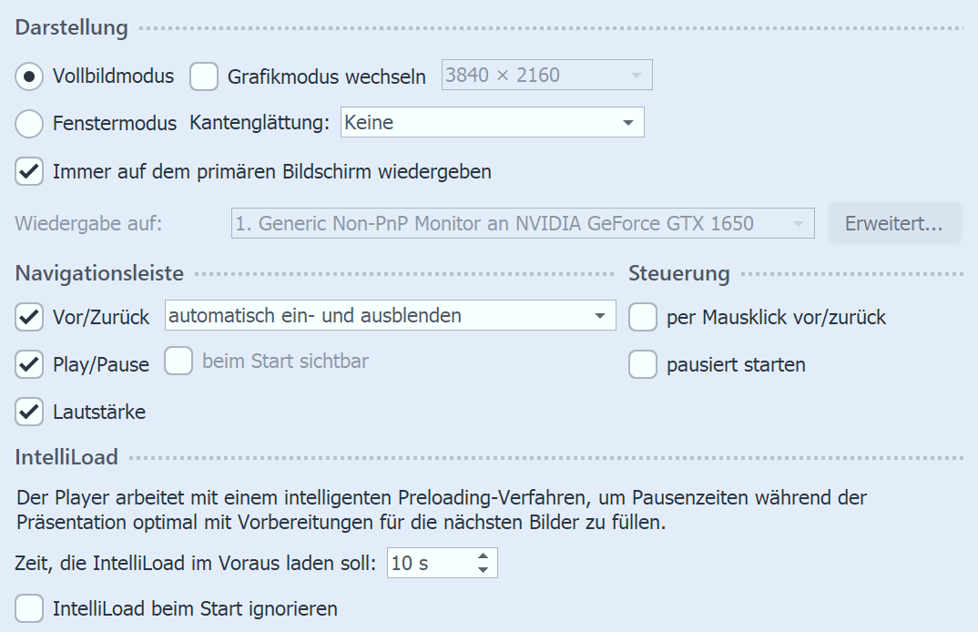 Einstellungen für Player in Stages