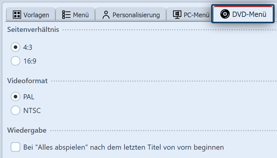 Einstellungen für DVD-Menü