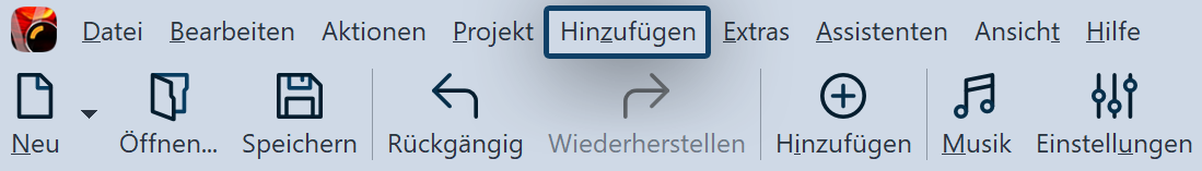 Menü "Hinzufügen" in der Toolbar