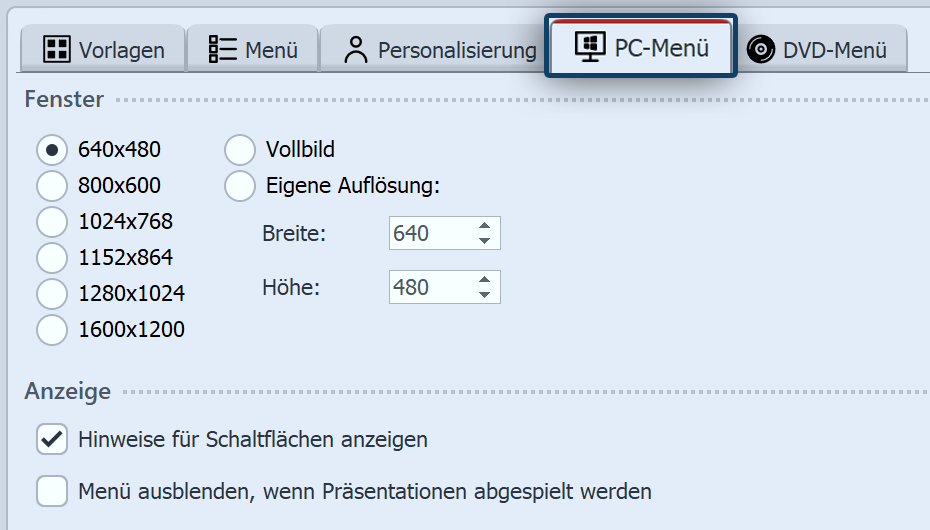 Einstellungen für PC-Menü