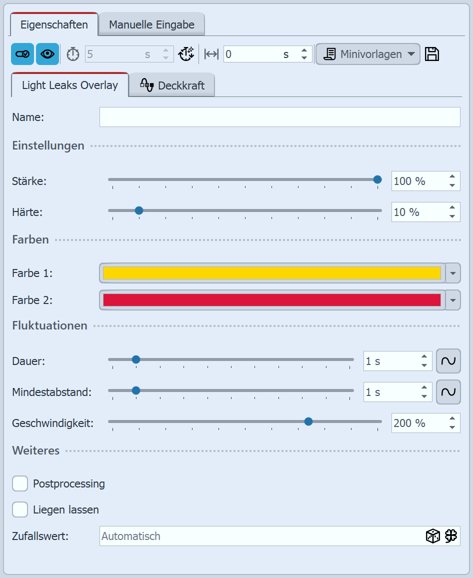 Einstellungen für Light Leaks Overlay