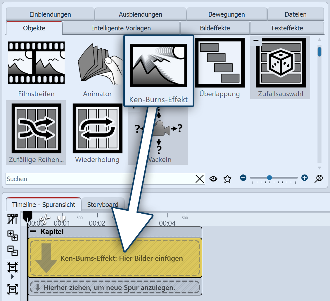 Effekt aus der Toolbox in die Timeline ziehen