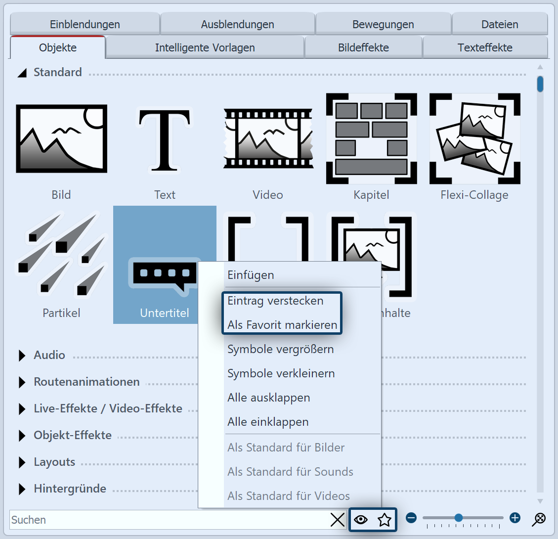 Toolbox-Elemente verstecken/als Favorit setzen