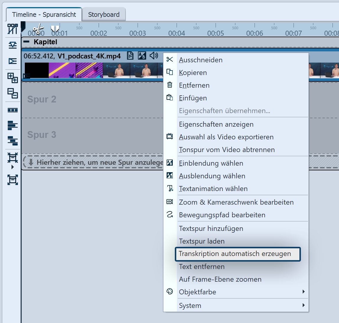 Automatische Transkription in der Timeline starten