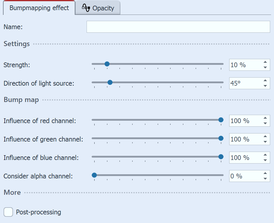 Settings for bump mapping effect