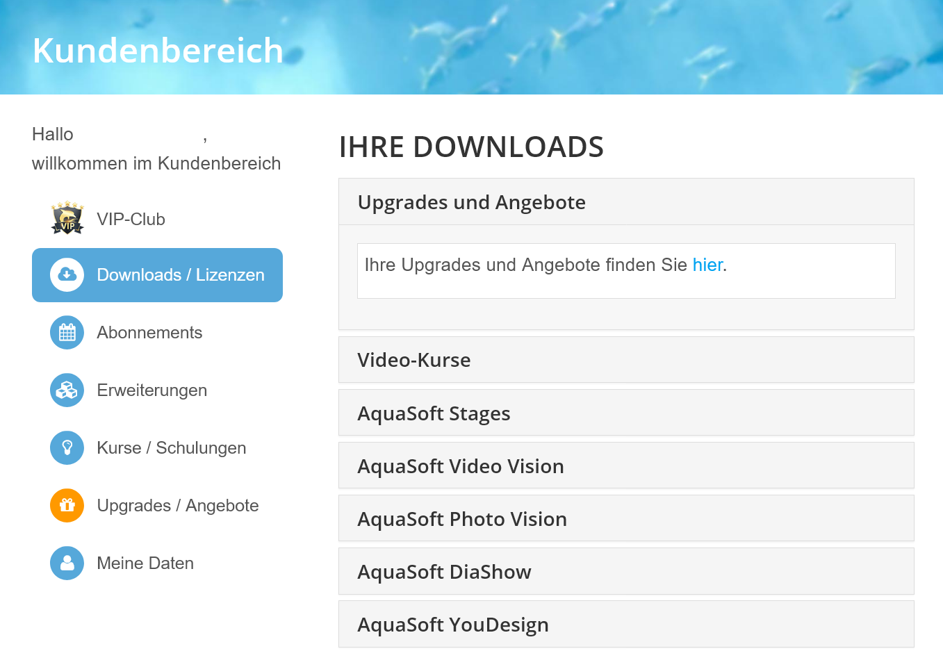 Ansicht des Kundenlogins unter www.aquasoft.de/account/customer-area