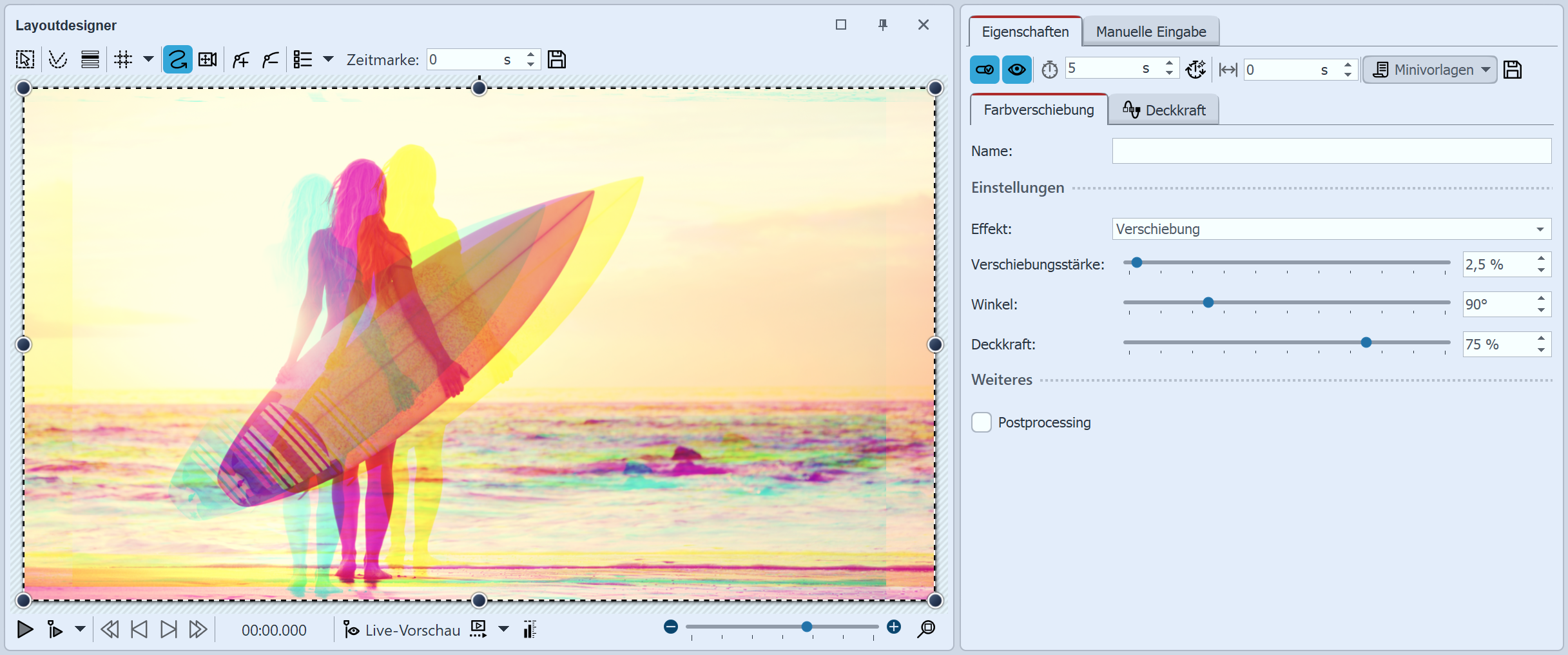 Einstellungen für Farbverschiebung Einstellungen für Farbverschiebung