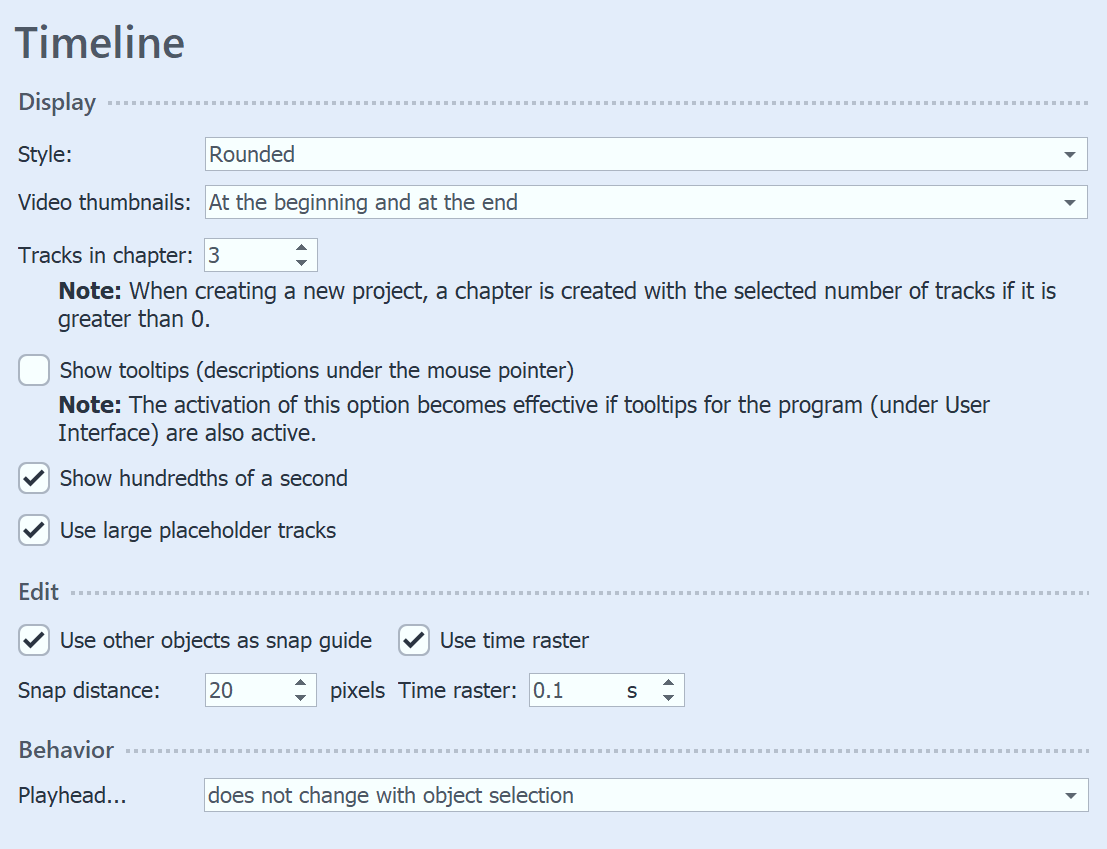 Settings for Timeline