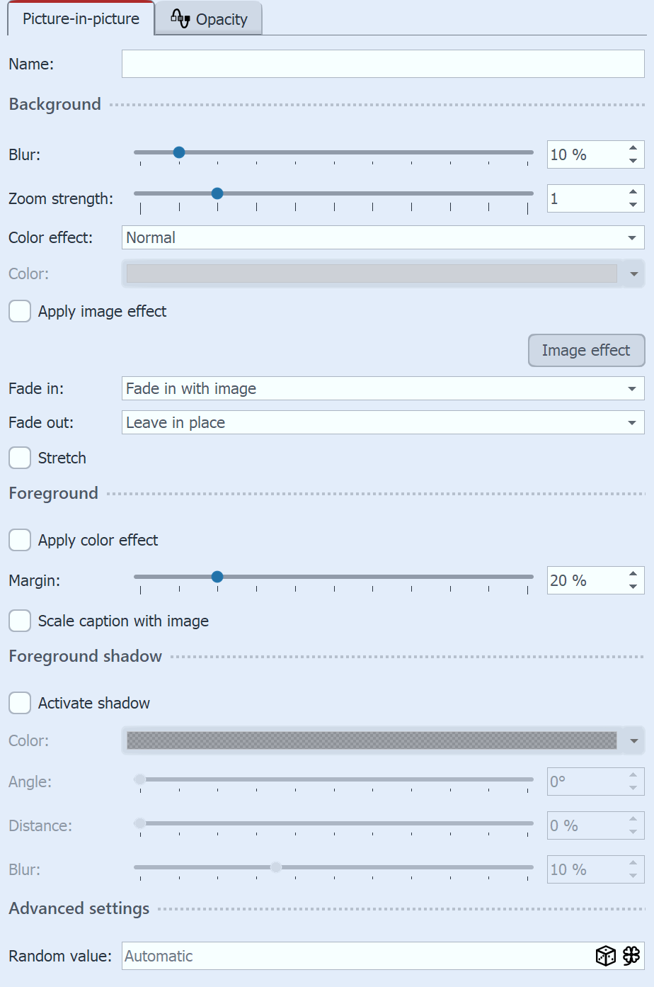 Settings for effect