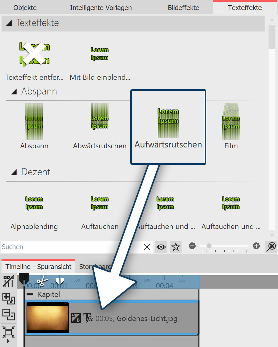 Texteffekt auf Bild in der Timeline oder im Layoutdesigner ziehen