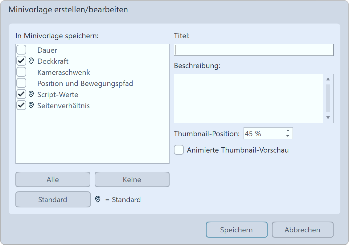 Mini-Vorlage speichern - Einstellungen