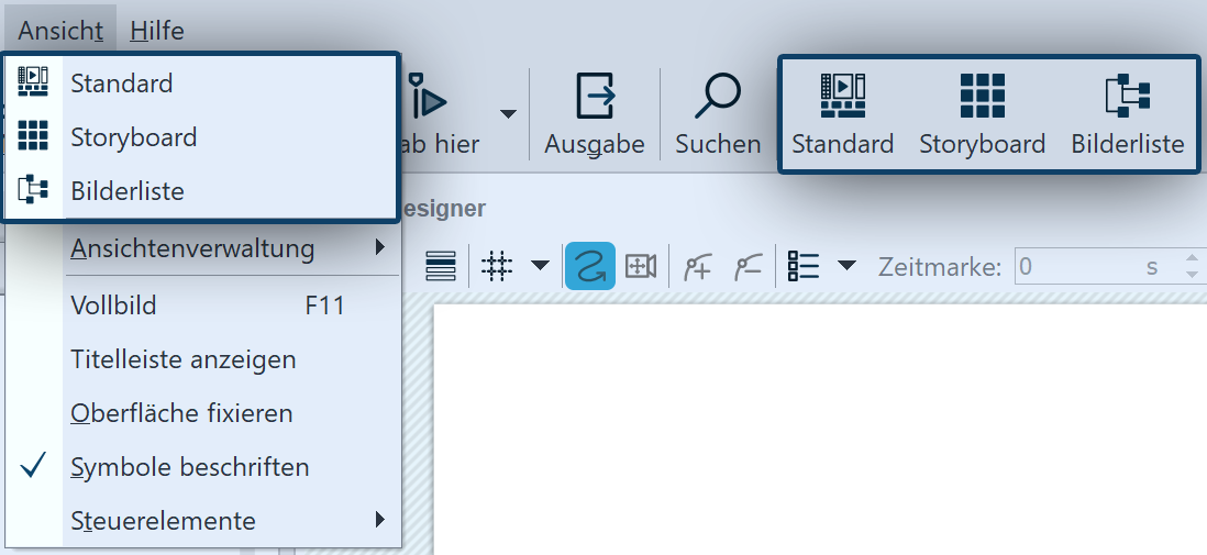 Auswahl der Ansichten im Menü und in der Toolbar