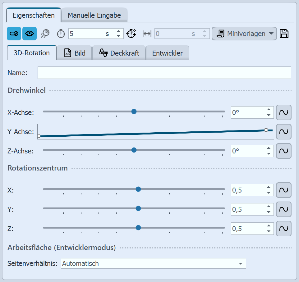 Einstellungen für 3D-Rotation mit Kurve