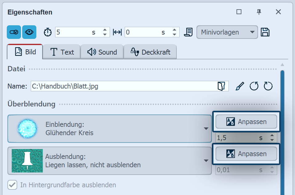 Ein- bzw. Ausblendung anpassen