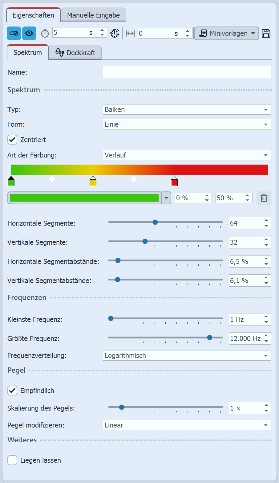 Einstellungen für Größe und Stärke