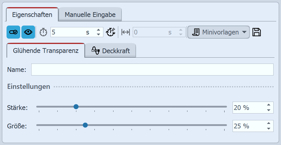 Einstellungen für Größe und Stärke