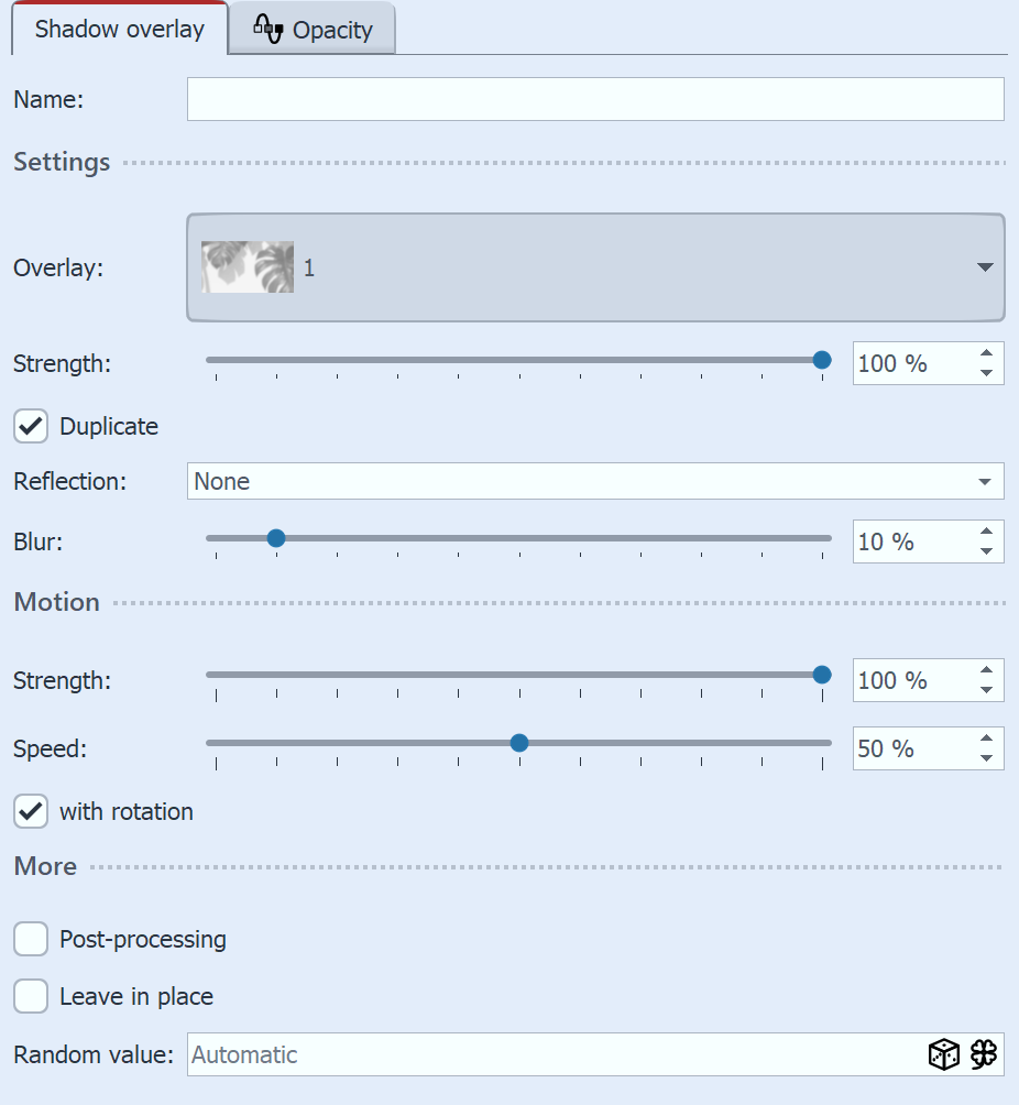 Settings for Shadow overlay