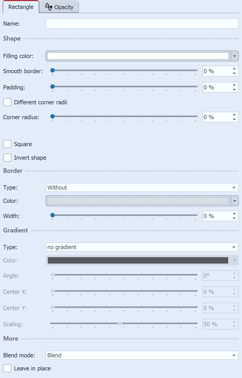 Rectangle settings