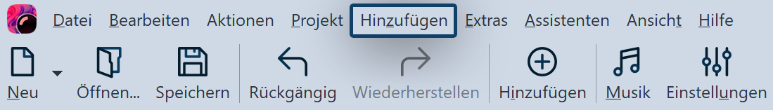 Menü "Hinzufügen" in der Toolbar