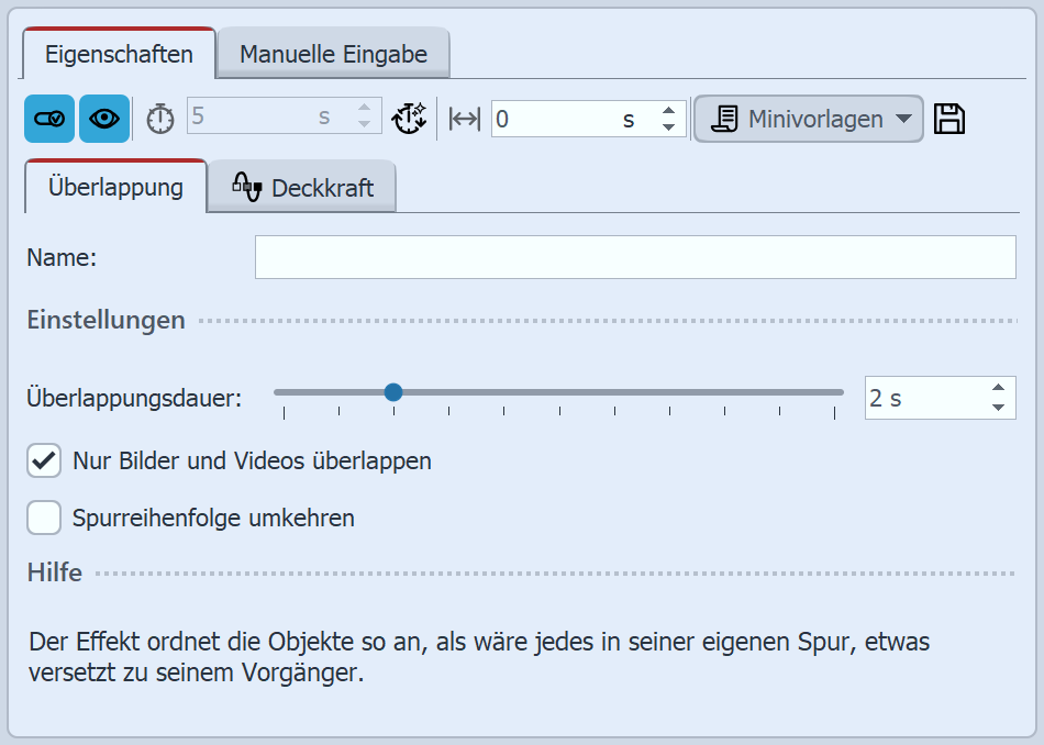 Einstellungen für Überlappung