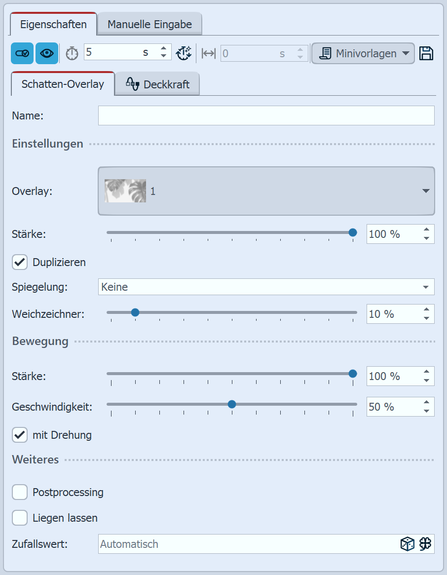 Einstellungen für Schatten-Overlay