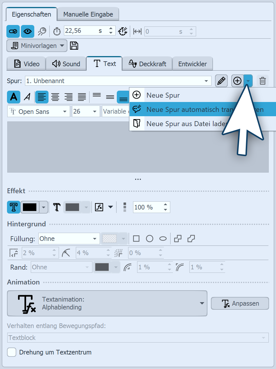 Automatische Transkription in den Eigenschaften