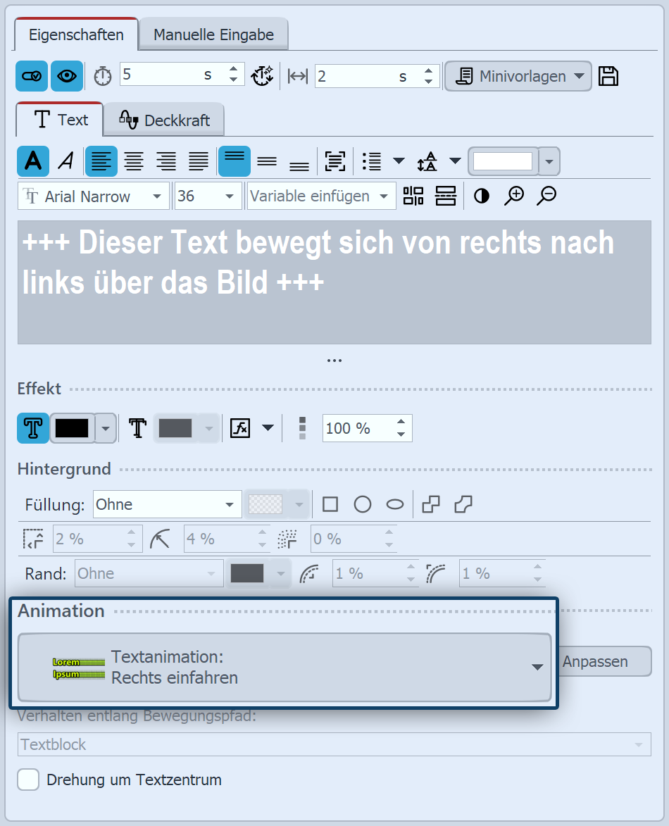 Text-Eigenschaften mit Animation "Rechts einfahren"