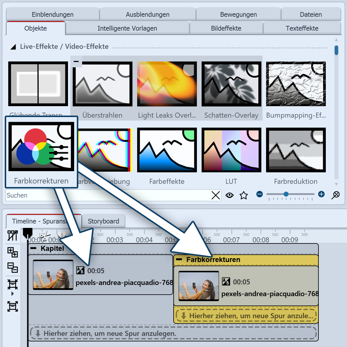 Farbkorrekturen-Effekt in der Timeline