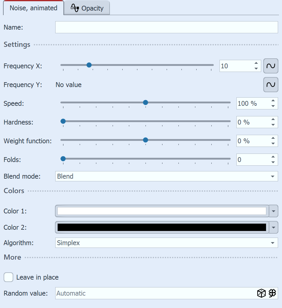 Settings for animated noise