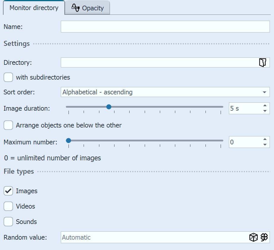 Settings for "Monitor directory"