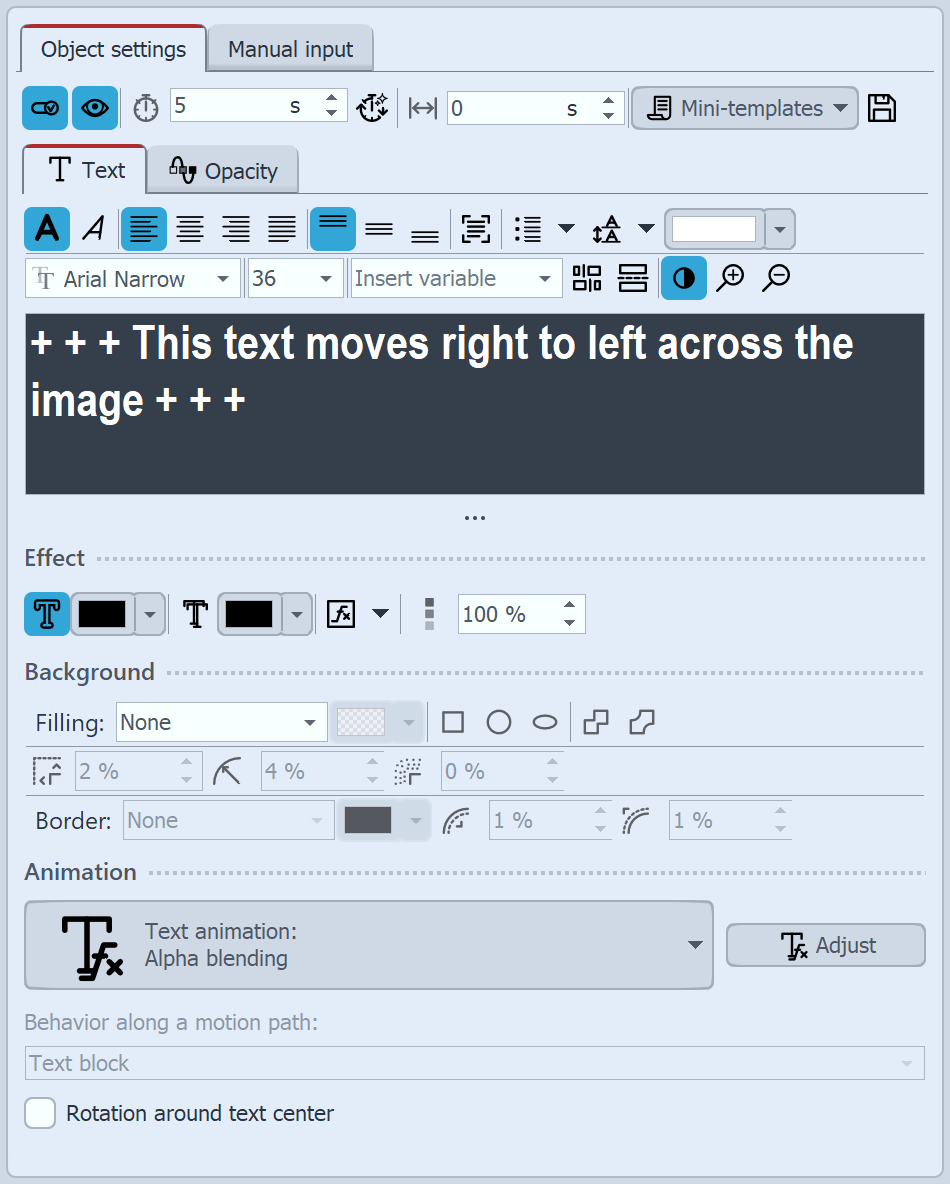 Text properties with animation "Move in right"