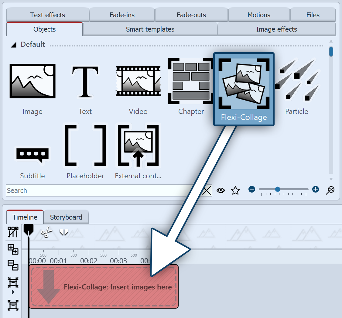 Dragging a Flexi-Collage from the Toolbox to the Timeline